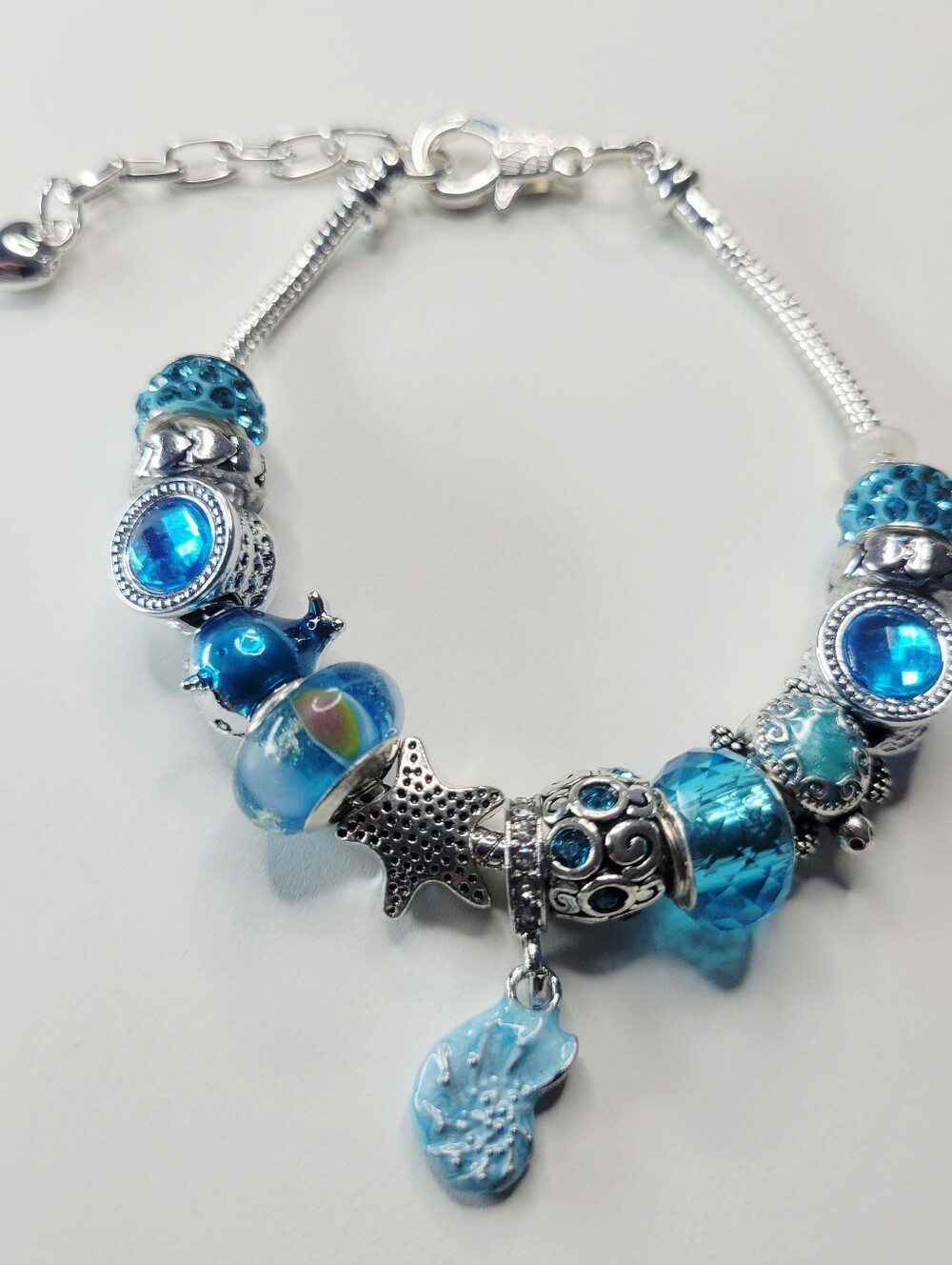 NWT S925 Pandora Style Charm Bracelet Conch Shell, Turtle, Starfish, Whale, Blue